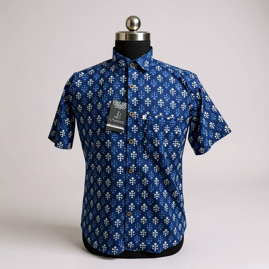 Blue & White Maple Booti Printed Men’s Half-Sleeves Cotton Shirt