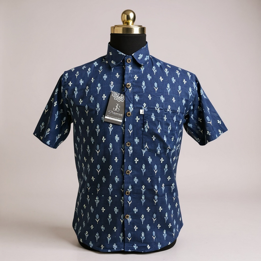 Blue/Indigo Ikkat Printed Mens Half Sleeves Cotton Shirt