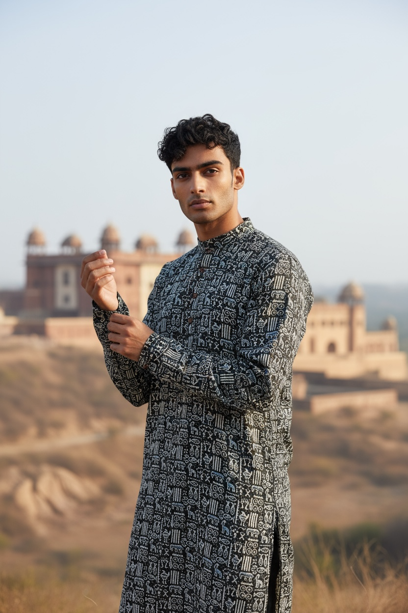 Black And White Tribal Printed Full Sleeves Long Kurta for Mens