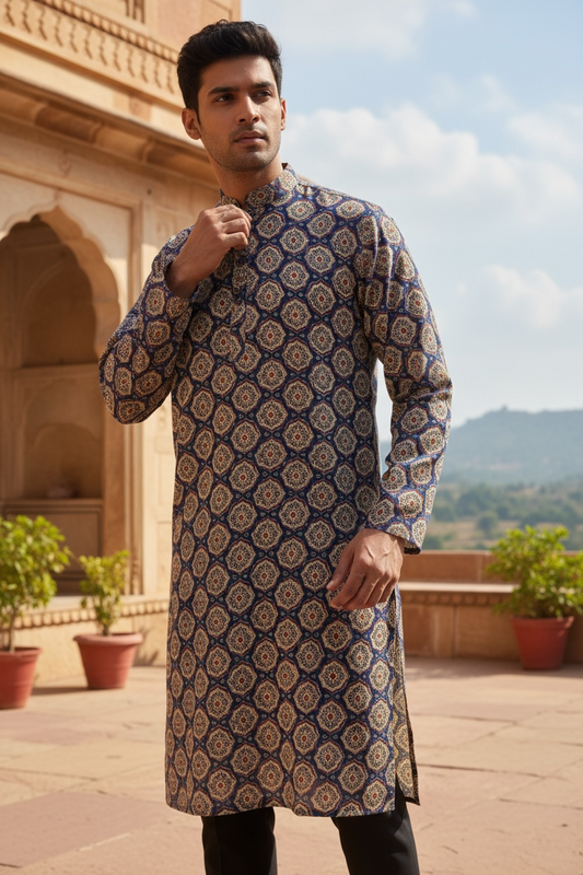 Blue Ajrak Jaal Printed Full Sleeves Long Kurta for Men