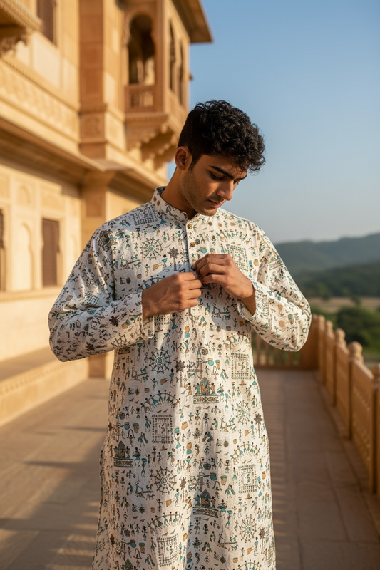 Ivory Warli Folk Art Printed Full Sleeves Long Kurta for Men