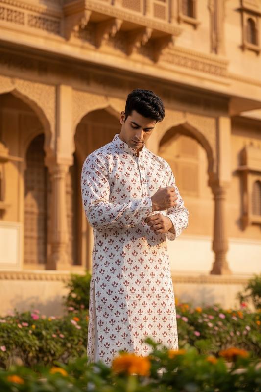 Ivory Maroon Mughal Boota Printed Full Sleeves Long Kurta for Men