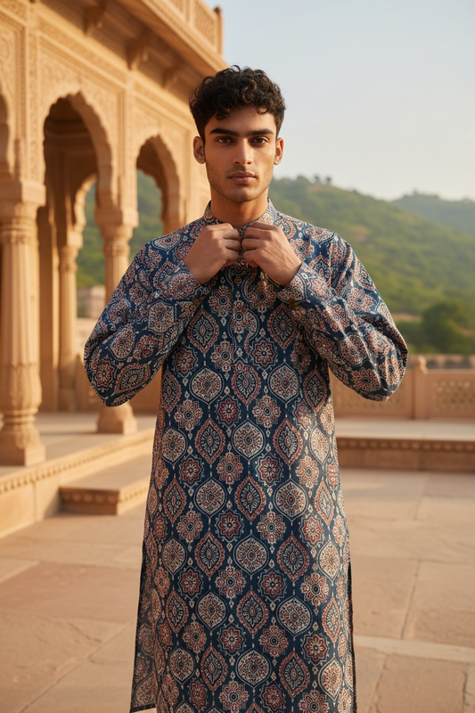 Royal Indigo Ajrak Printed Full Sleeves Long Kurta for Men