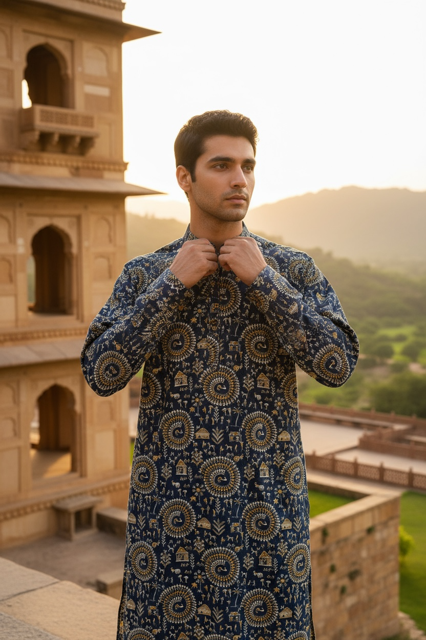 Blue Tribal Spiral Printed Full Sleeves Long Kurta for Men