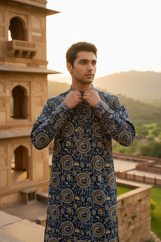 Blue Tribal Spiral Printed Full Sleeves Long Kurta for Men