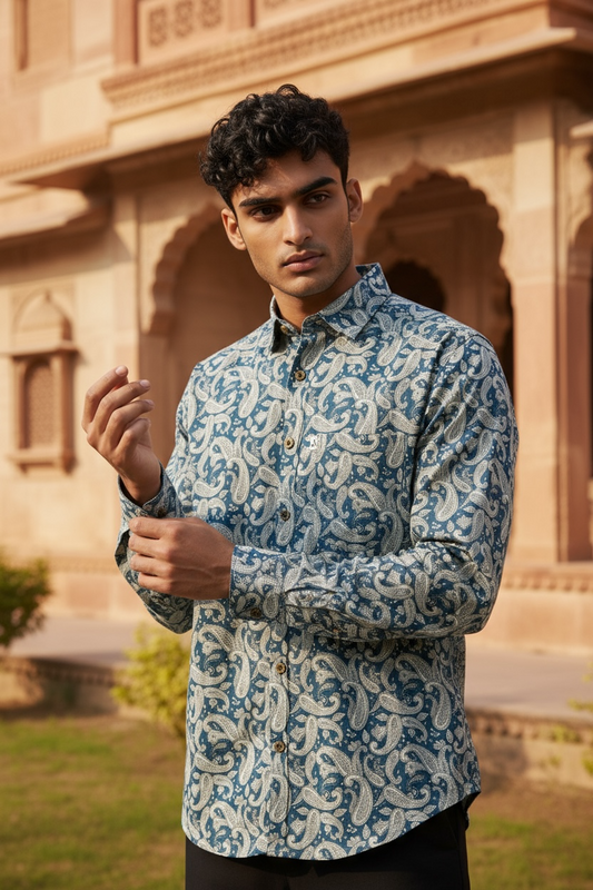 Sky Blue Ambi Printed Full Sleeves Cotton Shirt for Men