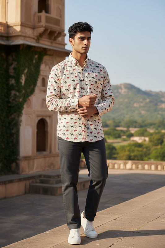 Red and Black Camel Printed Full Sleeves Cotton Shirt for Men