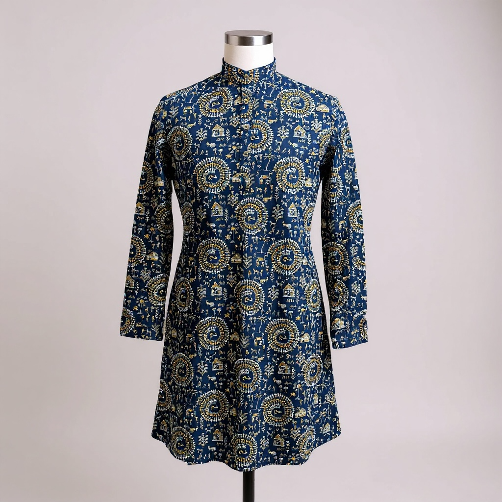 Blue Tribal Spiral Printed Full Sleeves Long Kurta for Men