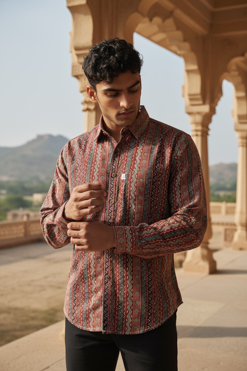 Rust Tribal Stripe Printed Full Sleeves Cotton Shirt for Men