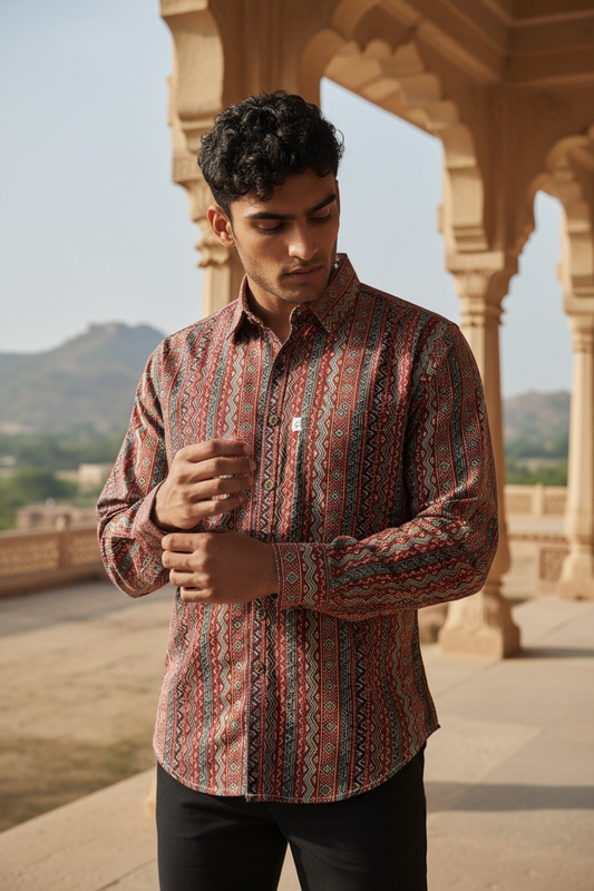 Rust Tribal Stripe Printed Full Sleeves Cotton Shirt for Men