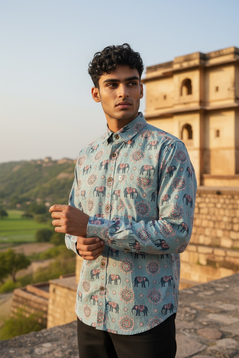 Sky Blue Hathi Mahal Printed Full Sleeves Cotton Shirt for Men