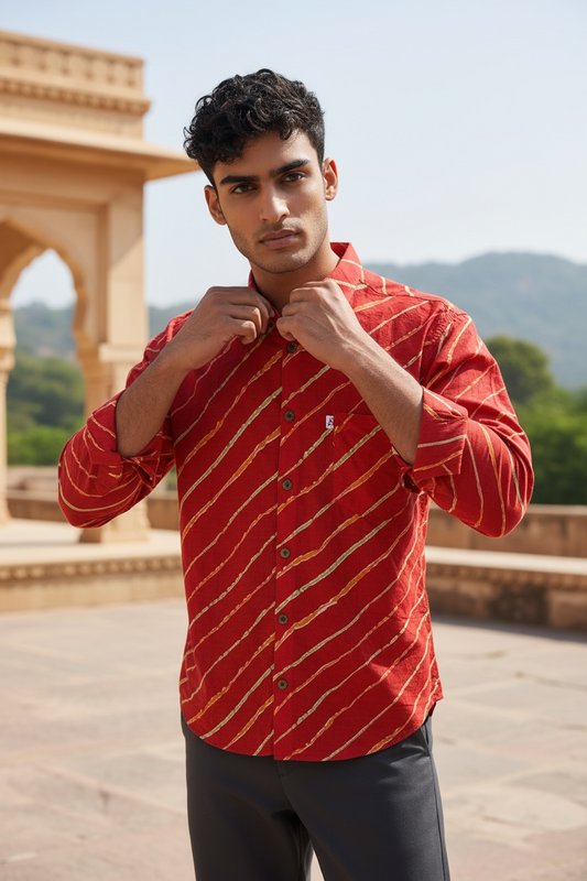 Red Leheriya Striped Full Sleeves Cotton Shirt for Men