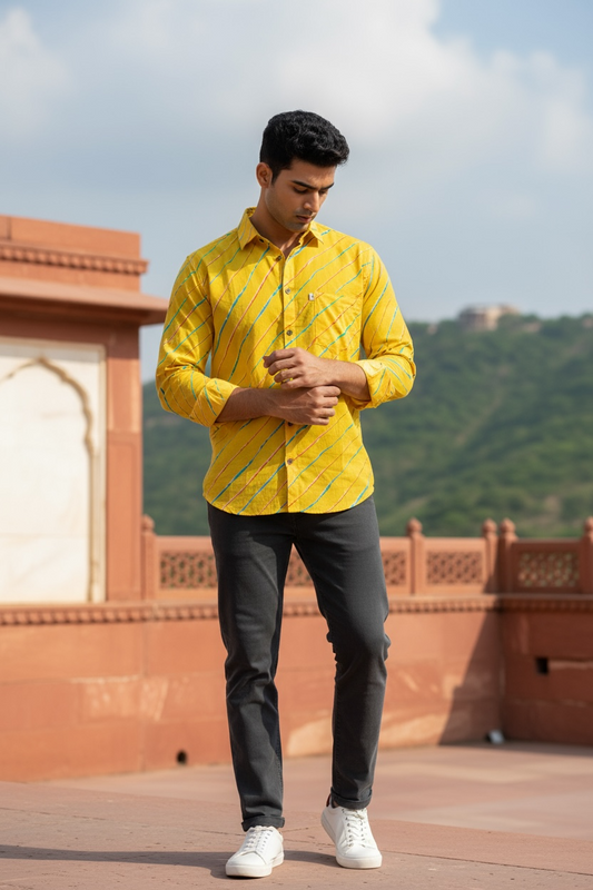 Yellow Leheriya Striped Full Sleeves Cotton Shirt for Men