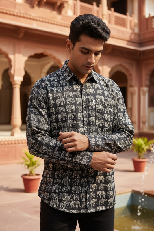 Black And Beige Elephant Printed Full Sleeves Cotton Shirt for Men