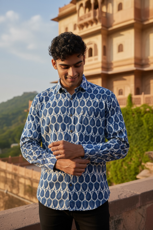 Blue Leaf Boota Printed Full Sleeves Cotton Shirt for Men