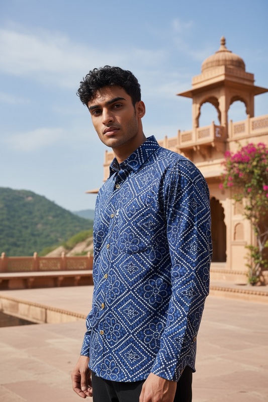 Blue Bandhej Box Printed Full Sleeves Cotton Shirt for Men