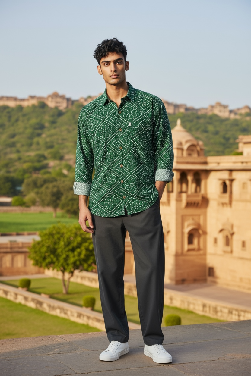Green Bandhej Box Printed Full Sleeves Cotton Shirt for Men