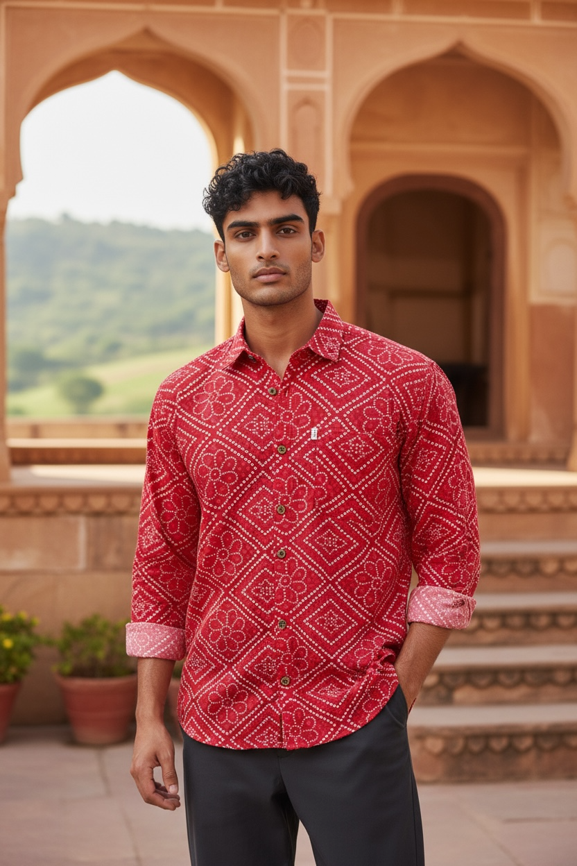 Red Bandhej Box Printed Full Sleeves Cotton Shirt for Men