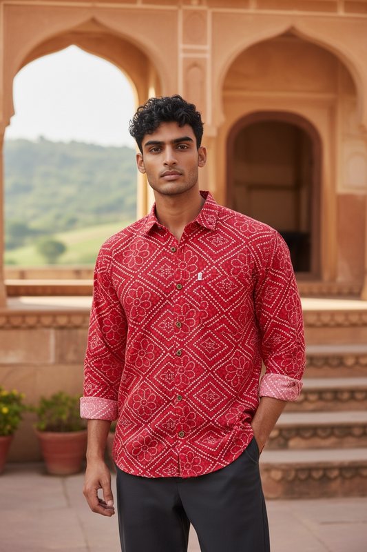 Red Bandhej Box Printed Full Sleeves Cotton Shirt for Men