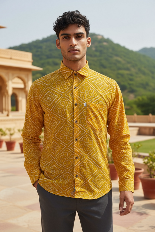 Yellow Bandhej Box Printed Full Sleeves Cotton Shirt for Men