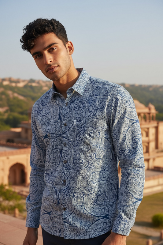 Blue Ambi Jaal Printed Full Sleeves Cotton Shirt for Men