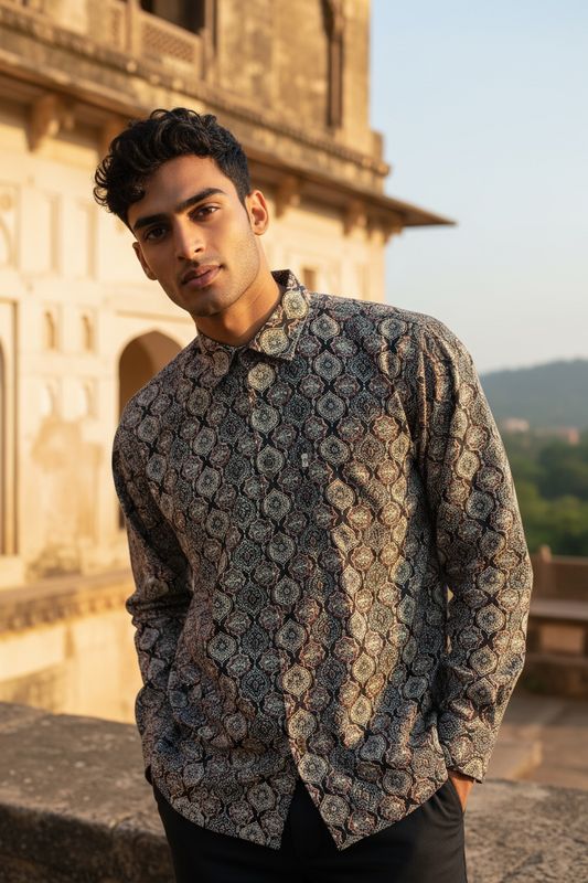 Black Mughal Ajrak Printed Full Sleeves Cotton Shirt for Men