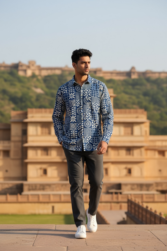 Blue Mosaic Block Printed Full Sleeves Cotton Shirt for Men