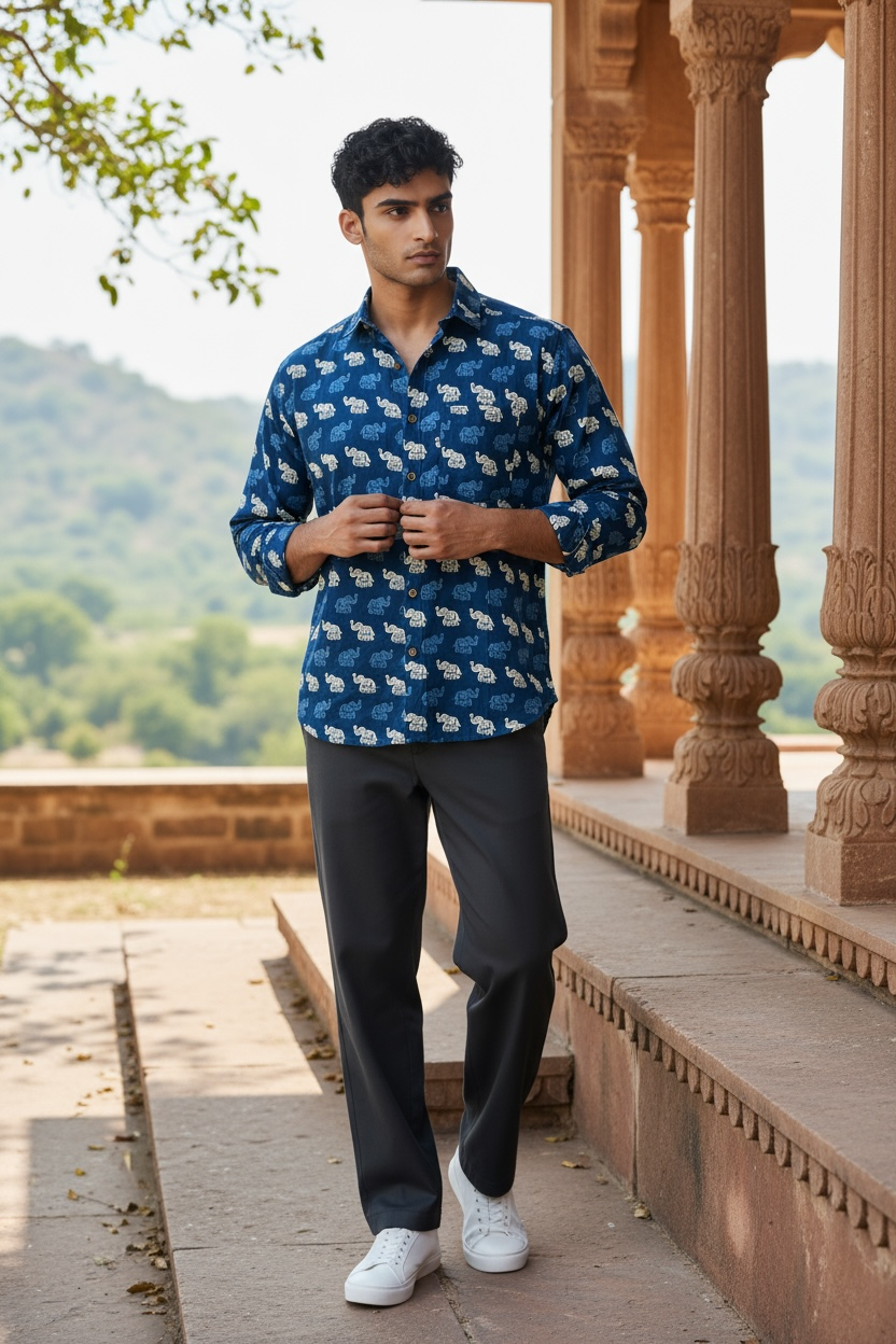 Jaipuri Blue Elephant Printed Men’s Full Sleeves Cotton Shirt