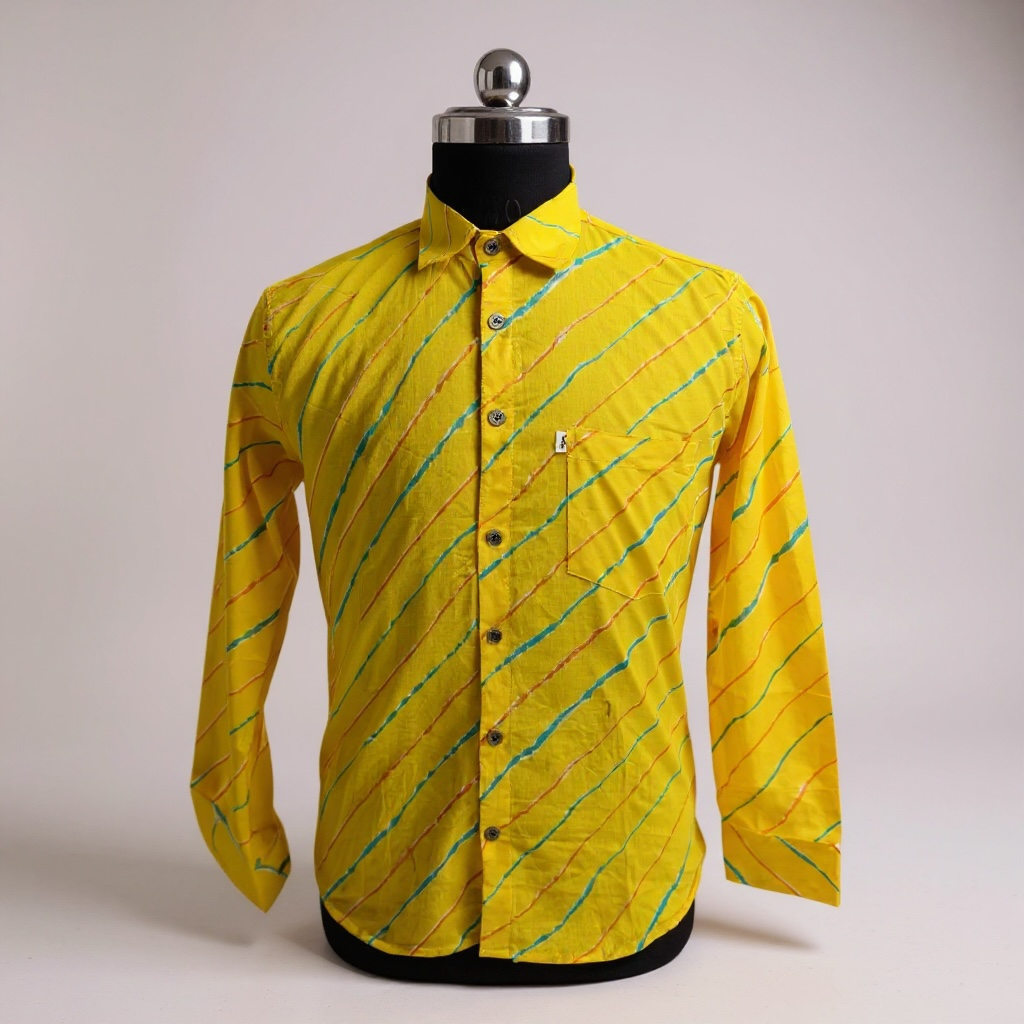 Yellow Leheriya Striped Full Sleeves Cotton Shirt for Men
