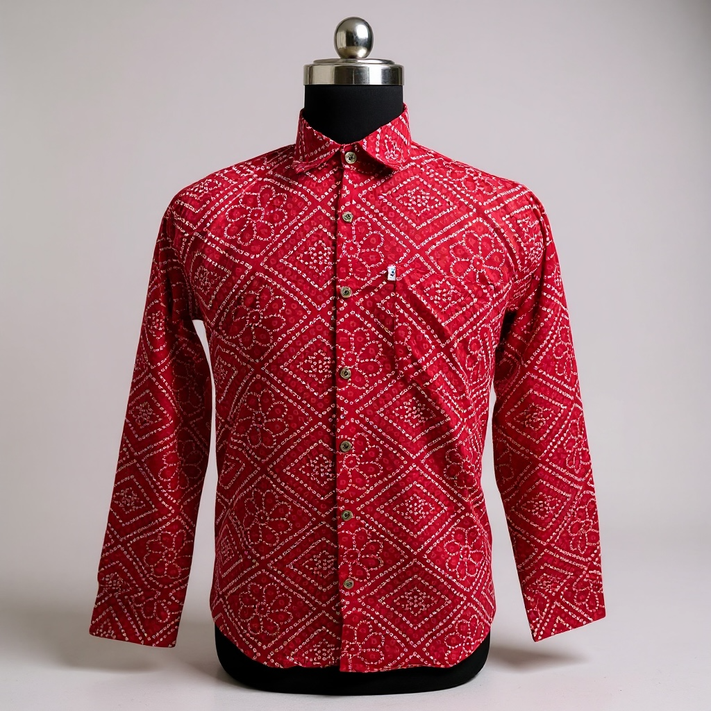 Red Bandhej Box Printed Full Sleeves Cotton Shirt for Men