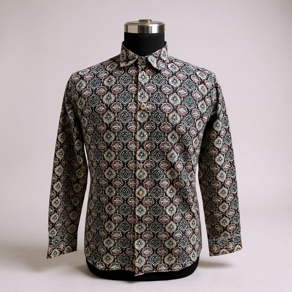 Black Mughal Ajrak Printed Full Sleeves Cotton Shirt for Men