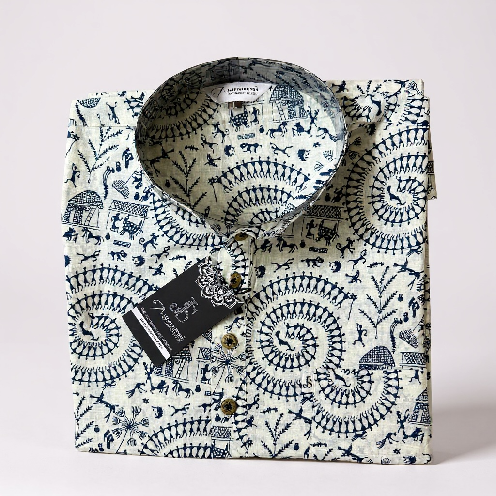 White Blue Tribal Printed Full Sleeves Short Kurta for Men