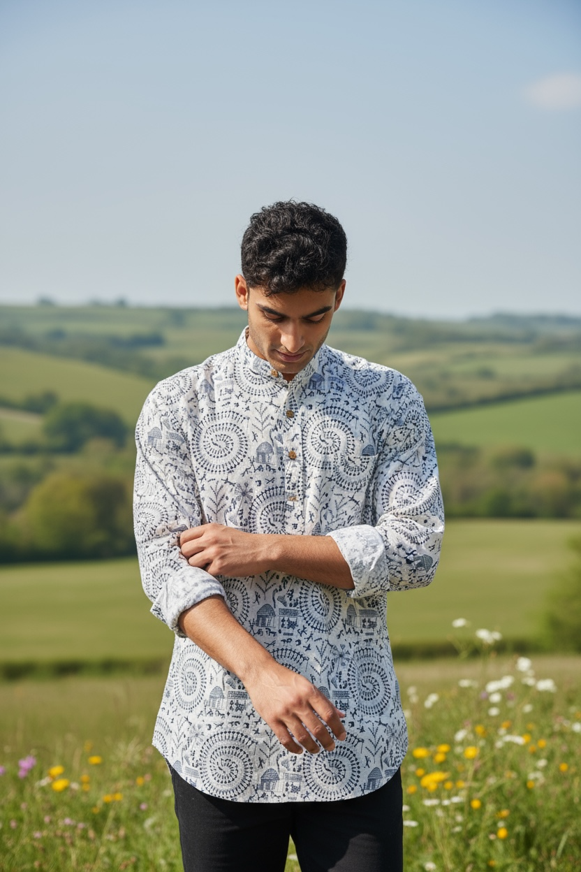 White Blue Tribal Printed Full Sleeves Short Kurta for Men