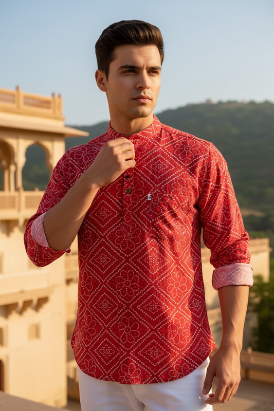 Red Bandhej Box Printed Full Sleeves Short Kurta for Men