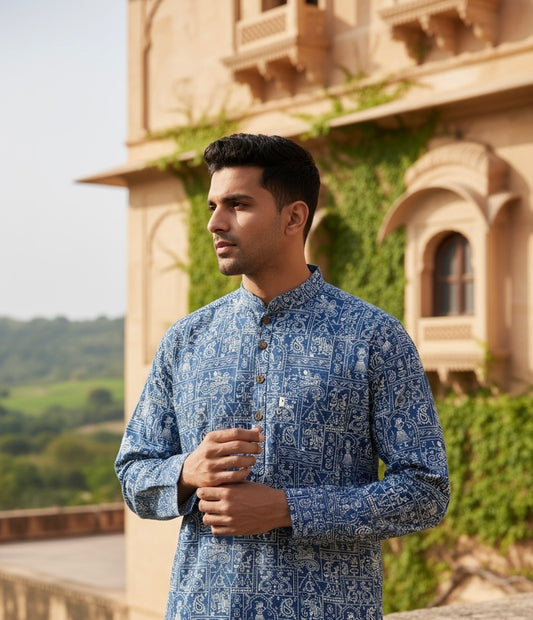 Blue Warli Art Printed Full Sleeves Short Kurta for Men