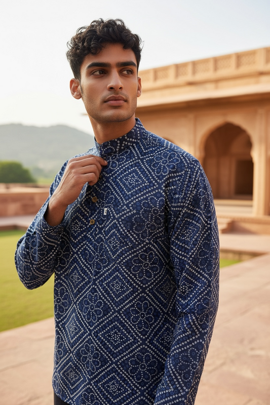 Navy Blue Bandhej Box Printed Full Sleeves Short Kurta for Men