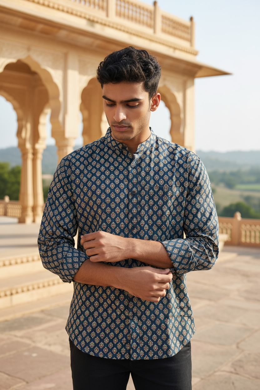 Blue Mughal Booti Printed Full Sleeves Short Kurta for Men
