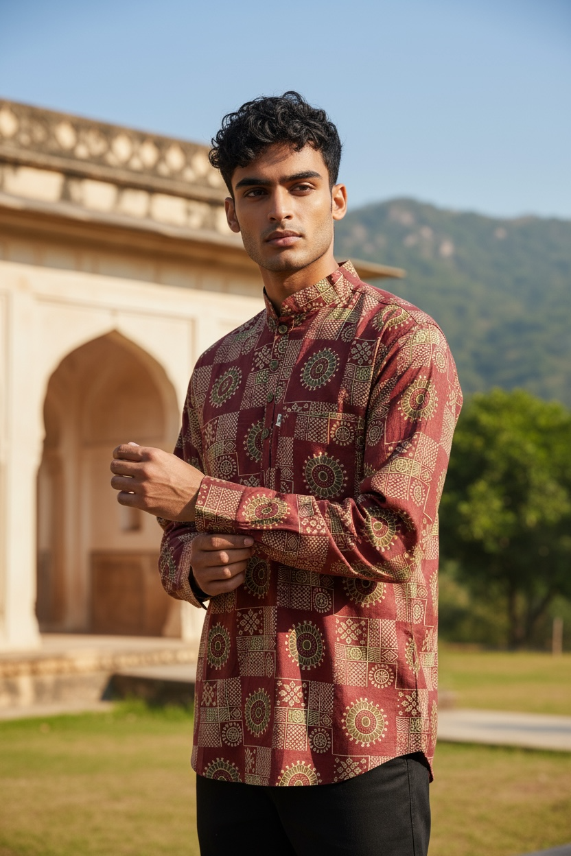 Maroon Mandala Box Printed Full Sleeves Short Kurta for Men