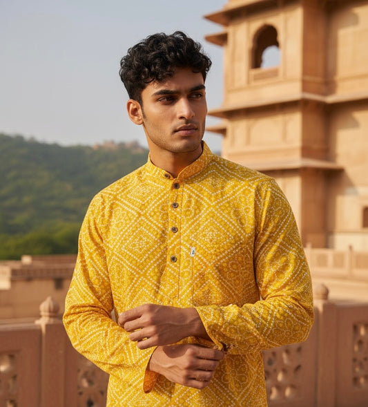 Yellow Bandhej Box Printed Full Sleeves Short Kurta for Men