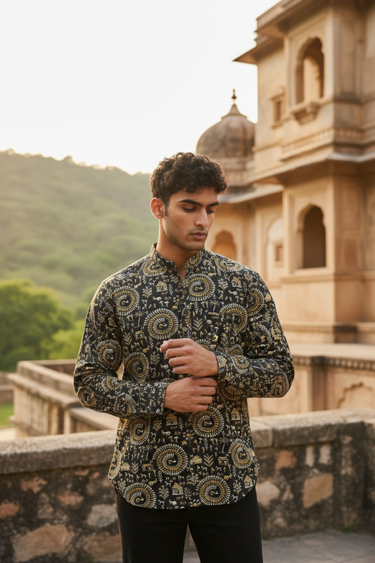 Black Tribal Mandala Printed Full Sleeves Short Kurta for Men