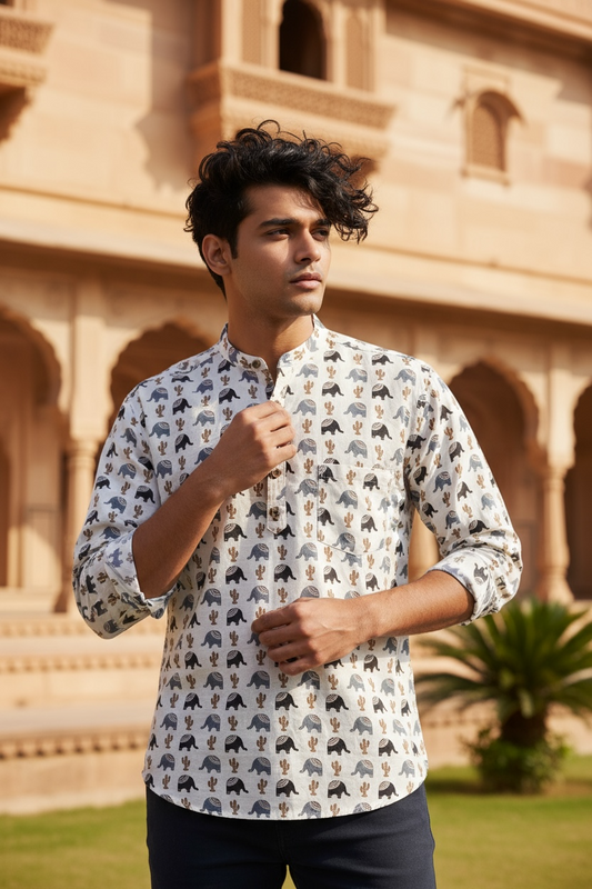 Ivory Blue Cactus & Elephant Printed Full Sleeves Short Kurta for Men