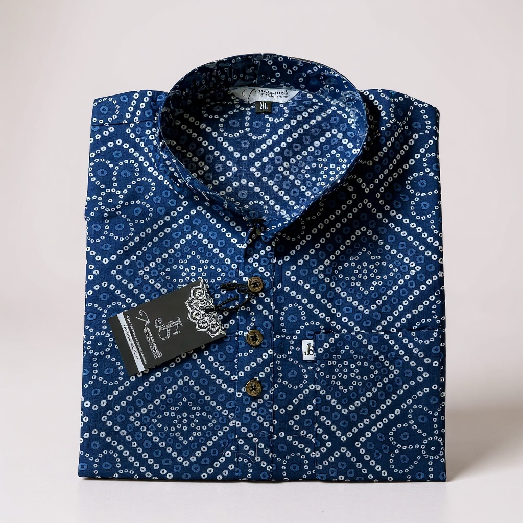 Navy Blue Bandhej Box Printed Full Sleeves Short Kurta for Men