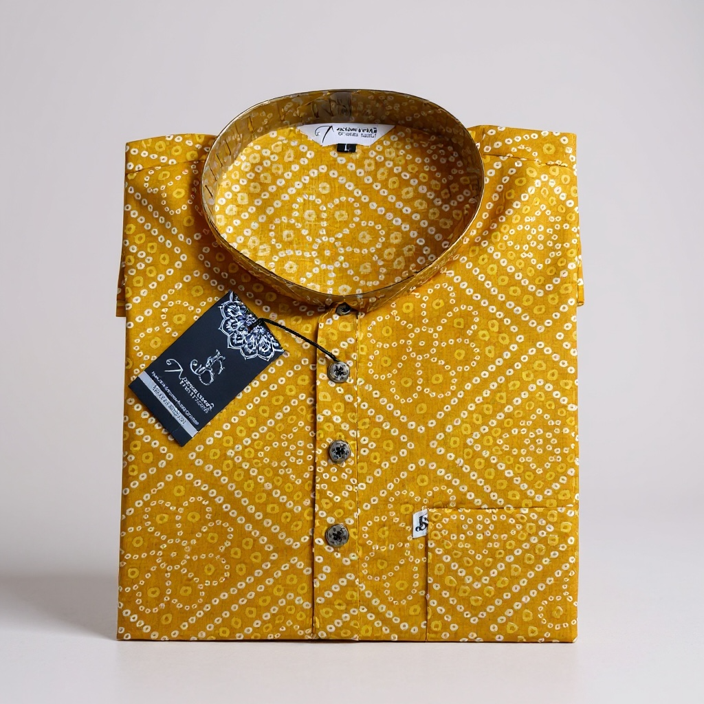 Yellow Bandhej Box Printed Full Sleeves Short Kurta for Men