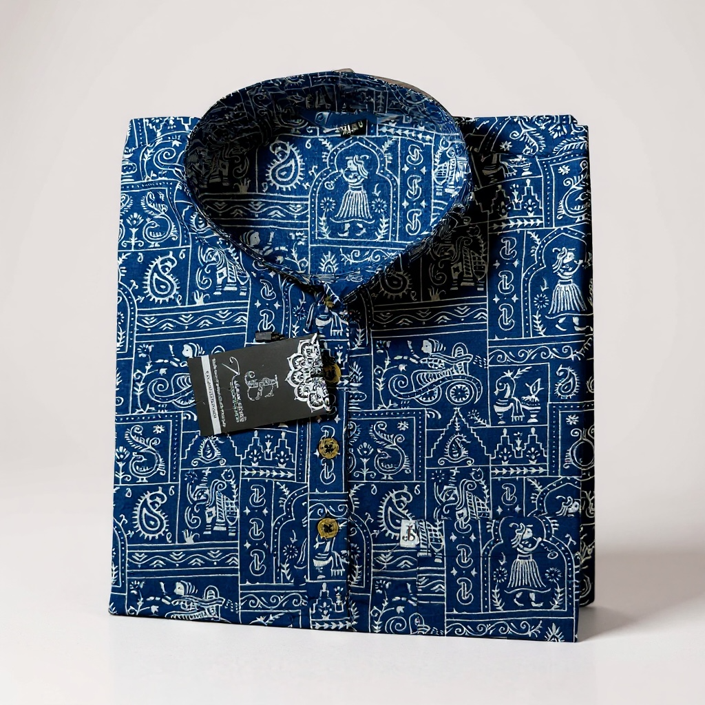Blue Warli Art Printed Full Sleeves Short Kurta for Men