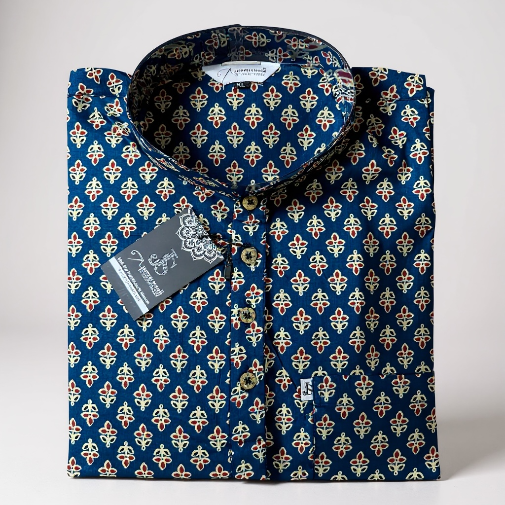 Blue Mughal Booti Printed Full Sleeves Short Kurta for Men