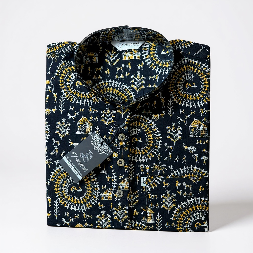 Black Tribal Mandala Printed Full Sleeves Short Kurta for Men