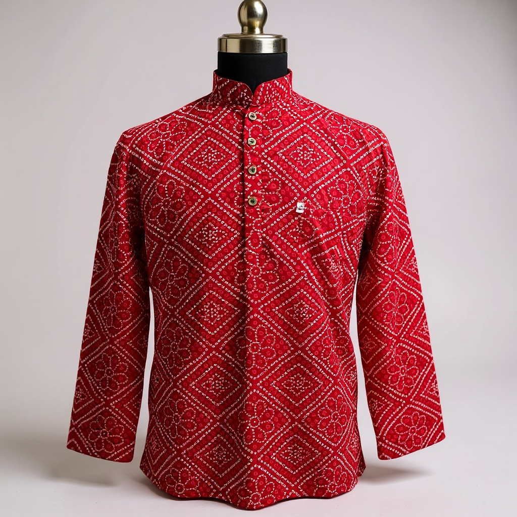Red Bandhej Box Printed Full Sleeves Short Kurta for Men
