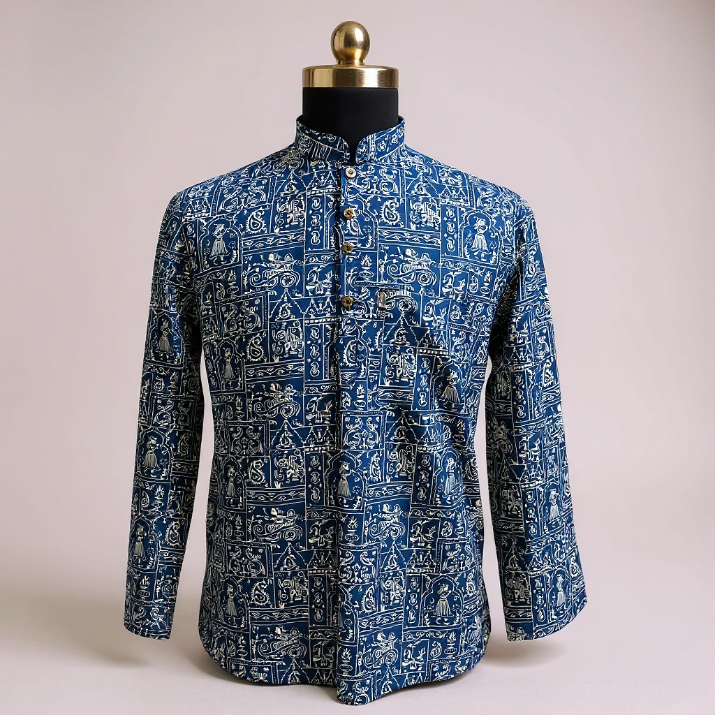 Blue Warli Art Printed Full Sleeves Short Kurta for Men