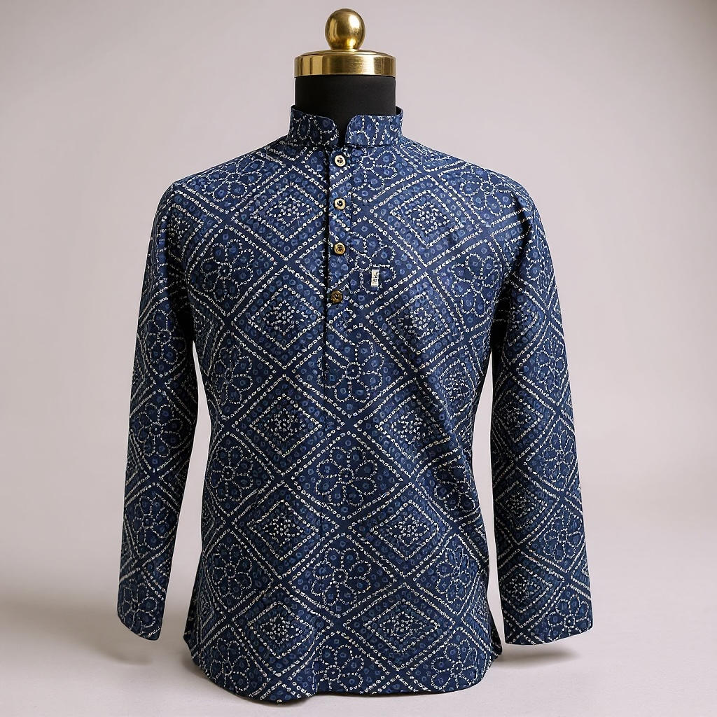 Navy Blue Bandhej Box Printed Full Sleeves Short Kurta for Men