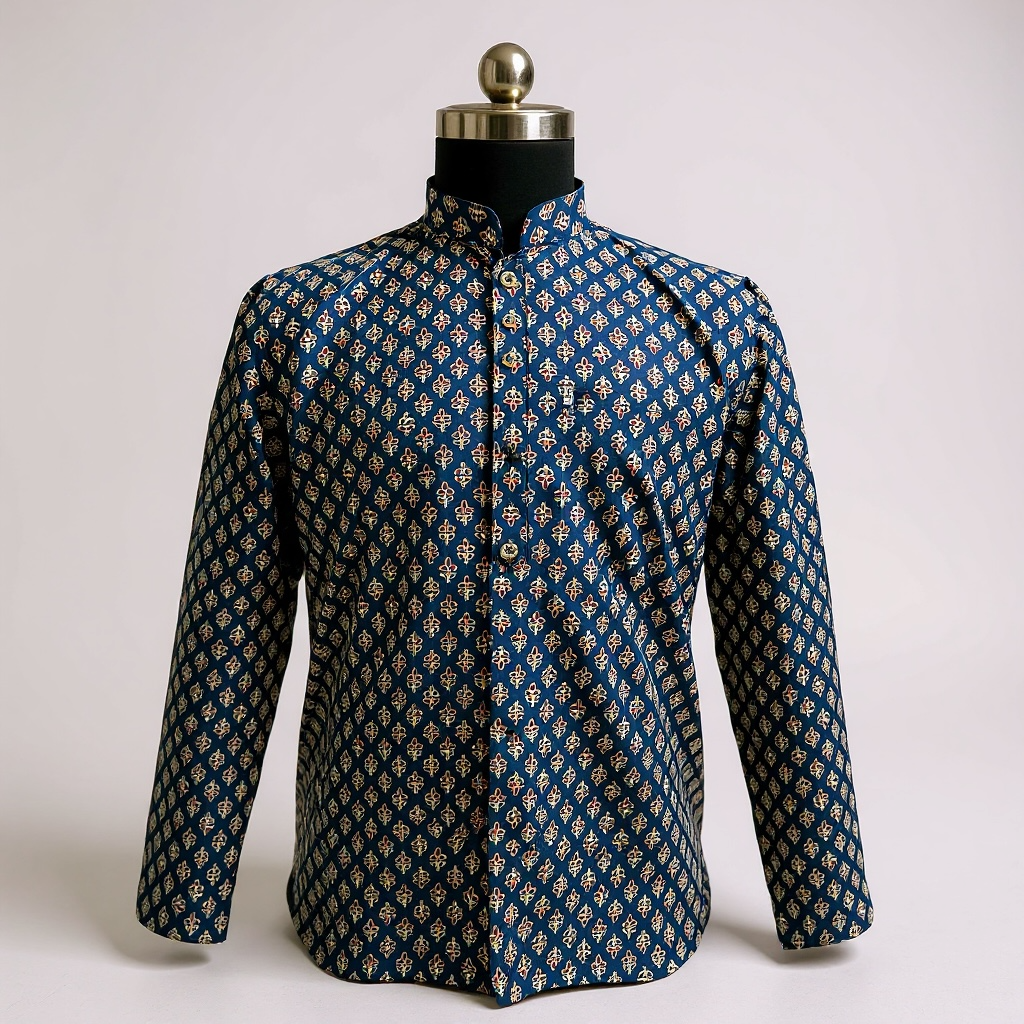 Blue Mughal Booti Printed Full Sleeves Short Kurta for Men